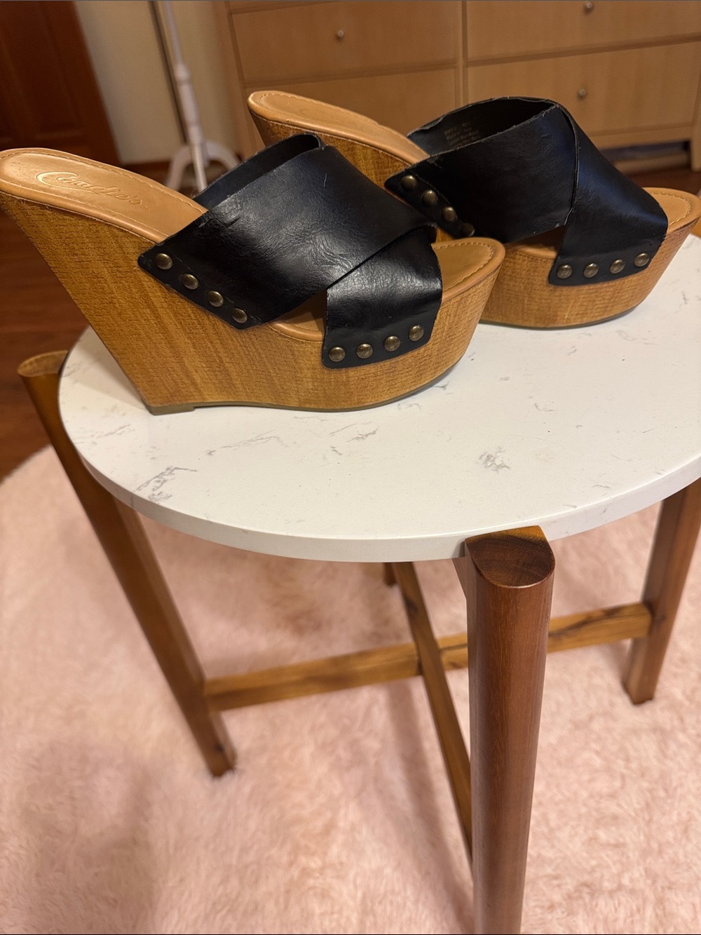 Candie's Black Cross-Band Wedge Slide Sandals - Picture 4 of 10